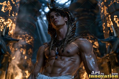 Looking upward, a bare-chested man in a striped headdress stands in a dim stone temple