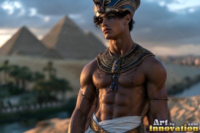 Standing in desert dunes, a shirtless toned man wears a gold crown near distant pyramids