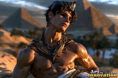 A bare-chested man wearing an Egyptian collar in front of pyramids