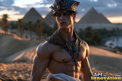 Wearing a blue and gold nemes crown, a muscular man stands in the desert near pyramids