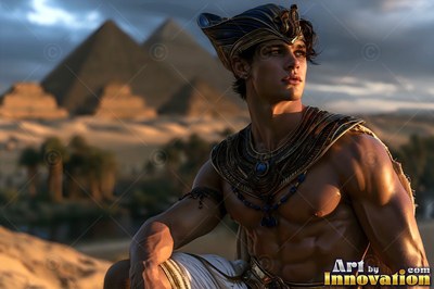 A fit man poses before the pyramids under warm sunset light