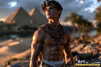 Turned sideways, a shirtless young man stands standing in the desert by pyramids