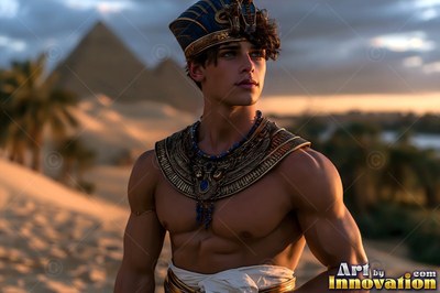 A muscular young man in an Egyptian crown and gold collar stands before pyramids at sunset