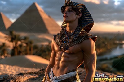 In a desert before the pyramids, a muscular man wears an Egyptian headdress