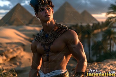 Standing shirtless in the desert, a strong man in a blue crown looks past pyramids