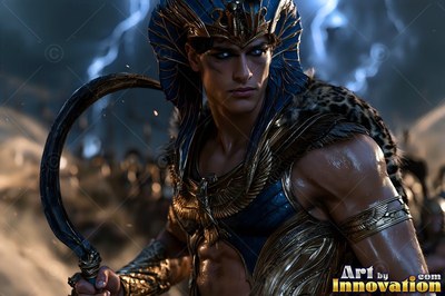 A man in blue and gold Egyptian armor holds a curved khopesh sword