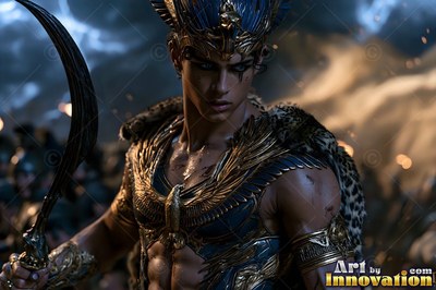A young man is in a winged gold collar and blue headdress while holding a curved blade on a battlefield