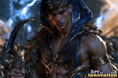 A muscular man in a dark cobra headdress holds a curved sickle blade in cool blue light