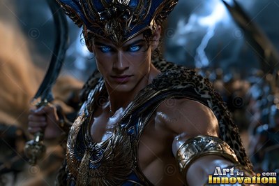 Facing forward, a man in blue armor raises a curved sword on a battlefield