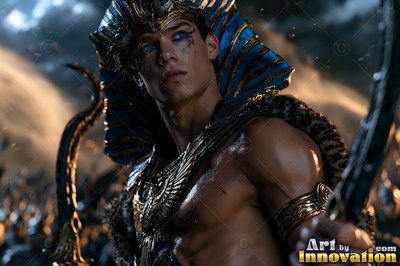 A young man wearing a striped blue headdress of a pharaoh holds two curved swords