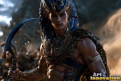 On a dusty battlefield, a muscular young man holds a curved sickle sword