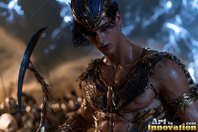 Holding a scythe, a young man is dressed in a gold Egyptian crown in cool blue light