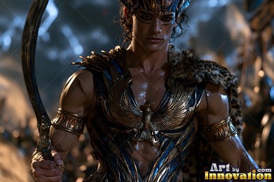 A young man in gold armor holds a curved sword at night