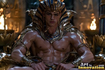 Seated on a gold throne, a shirtless young man wears a traditional pharaoh headdress