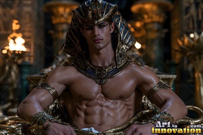 A muscular man without a shirt sits on a golden throne wearing a pharaoh headdress