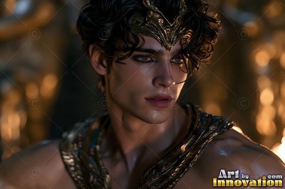 In a dimly lit hall, a young man is in a gold crown and wide collar