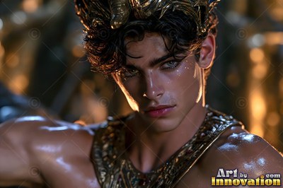 Gazing ahead, a young man dressed in a gold crown and gold collar in warm light