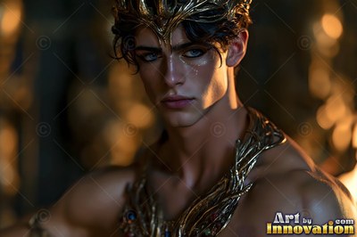 A young man wearing a gold crown and collar in dim light