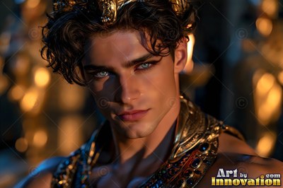 A gold headband rests on the dark curls of a blue-eyed man in a dim hall