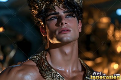 A young man in a golden crown looks upward under warm golden light