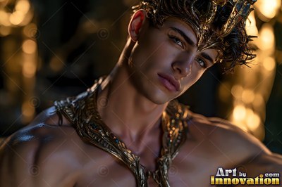 Leaning close in a dim room, a shirtless man wears a gold crown