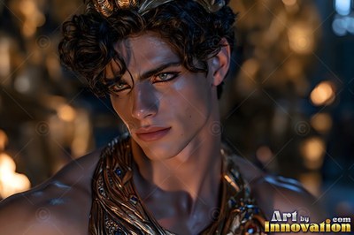A dark-haired young man with a gold collar glances sideways in warm light