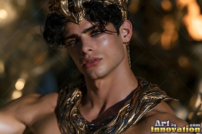 In dim light, a young man is wearing a gold crown and heavy gold collar
