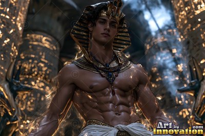 Standing shirtless, a muscular young man in a gold Egyptian headdress between pillars