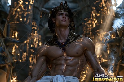 A muscular man stands in a dark stone hall as warm sunlight highlights his gold collar