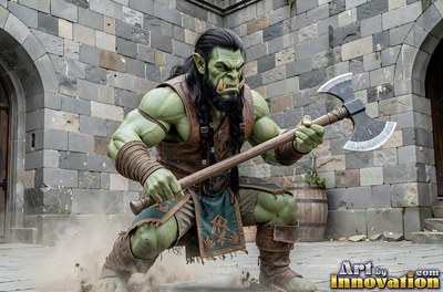 In a stone courtyard, a muscular orc man with green skin crouches with an axe