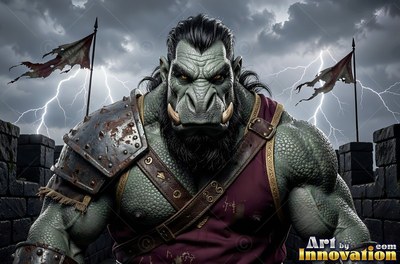 Standing on stone battlements under lightning, a tusked orc man in rusted armor stares forward