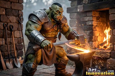 Green orc man hammers hot metal on an anvil by a forge fire