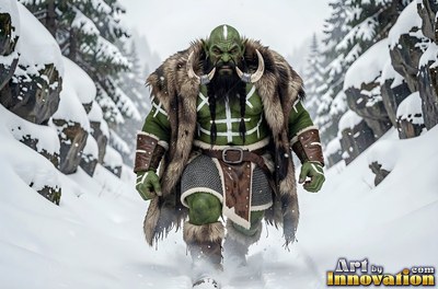 A thick fur cloak drapes over a green orc man walking down a snowy mountain path