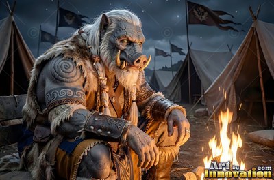 A tusked orc man rests by a campfire, his face lit by the bright yellow flames