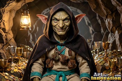 Sitting facing forward in a cave, a goblin man grins by gold coins