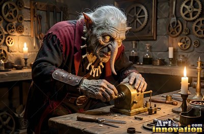 An old goblin man in a red coat builds a brass machine by candlelight
