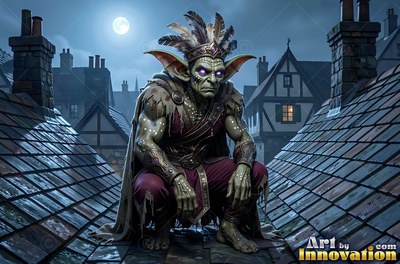 On a moonlit rooftop, a green goblin man crouches between chimneys