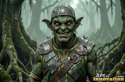 Grinning in a murky swamp, a goblin man wears rusty armor and an iron cap