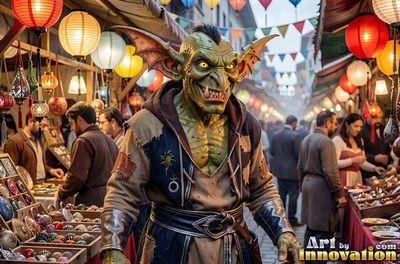 Green goblin man grinning in a busy street market under paper lanterns