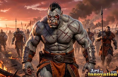 Stitched scars cover a pale orc man standing before an army under an orange sky
