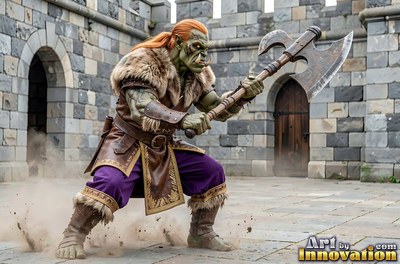 An orc man lunges forward with a heavy battle axe under cool daylight in a stone courtyard
