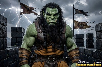 Facing forward on stone ramparts, a muscular green orc man stands under lightning
