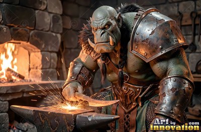 An orc man in rusted armor hammers a blade over an anvil by a stone forge fire