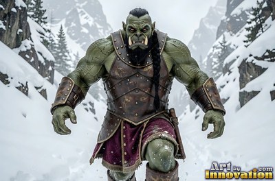 In a snowy mountain pass, a muscular orc man with green skin walks forward in leather armor