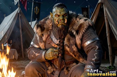 Sitting by a campfire, a tusked green orc man wears chainmail and a fur mantle