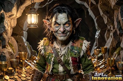 Smiling goblin man in a stone cave surrounded by gold coins
