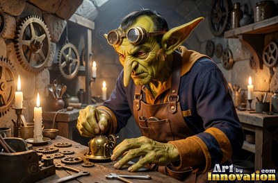 Goggles pushed up on his forehead, a green goblin man tinkers in a candlelit workshop