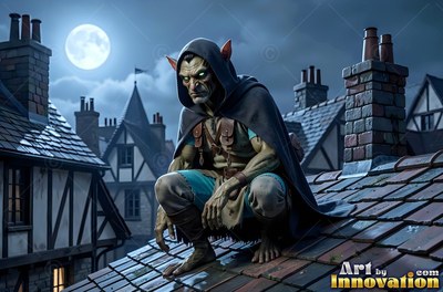 A hooded goblin man crouches on a shingled rooftop in the cool blue moonlight