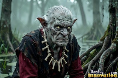 Hunched close in a foggy swamp, an old goblin man glares with yellow eyes