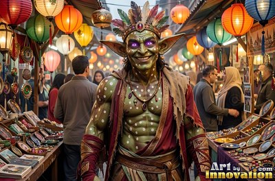 A smiling green goblin man walks through a market strung with paper lanterns